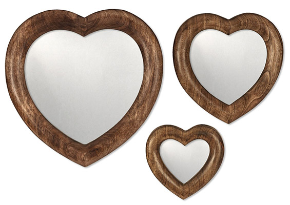 Mango Wood Set Of 3 Standing or Hanging Heart Mirrors